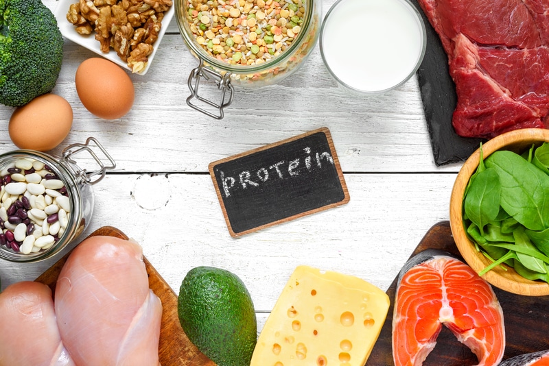 photo of different types of protein surrounding a blackboard sign with the word protein written on it in white chalk