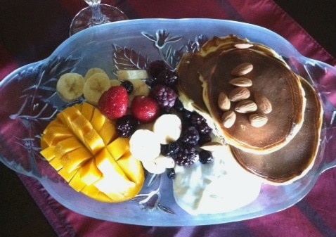 cottage cheese pancakes and fruit platter for breakfast