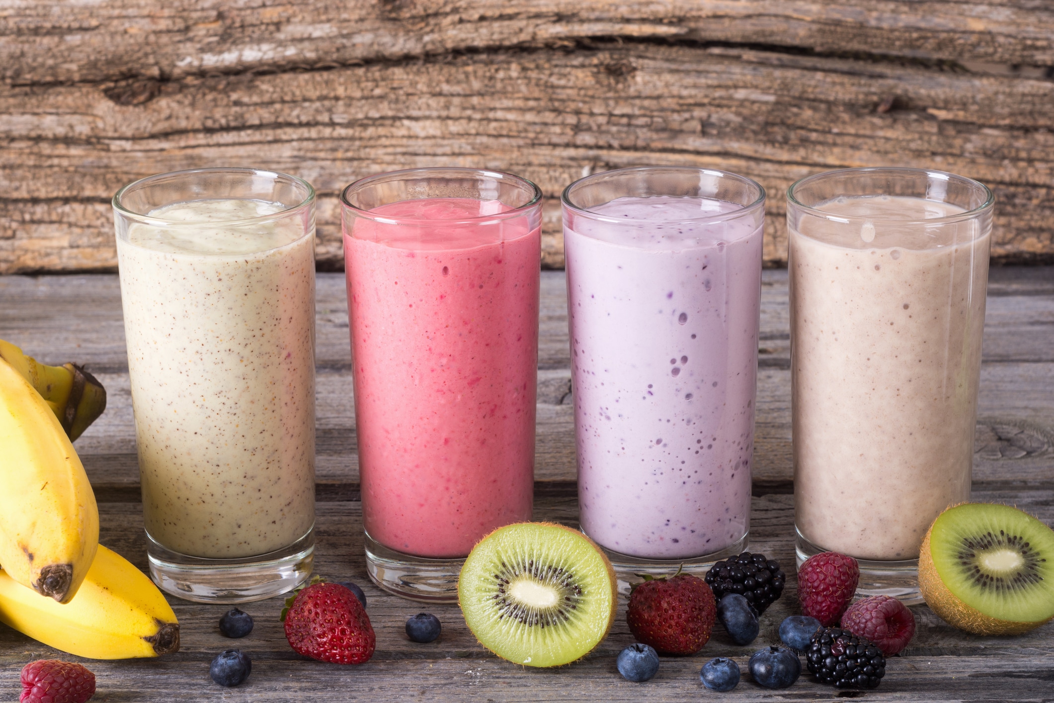 four smoothies in glasses