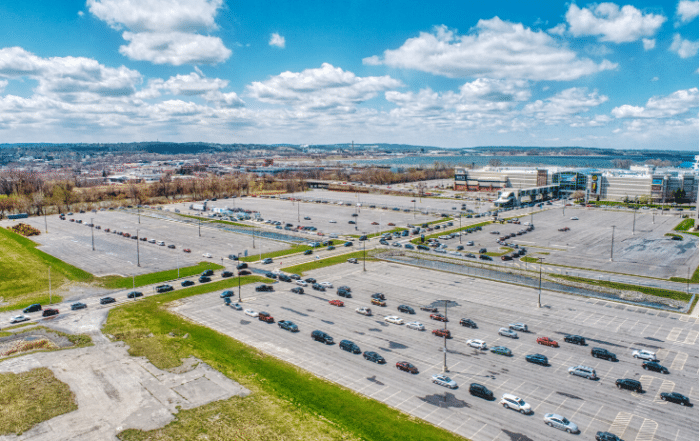 aerial of a full food drive-up giveaway