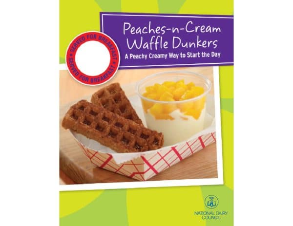 An advertisement from the National Dairy Council that advertises "Peaches-n-Cream Waffle Dunkers."