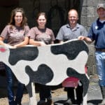 People standing behind a wooden cow