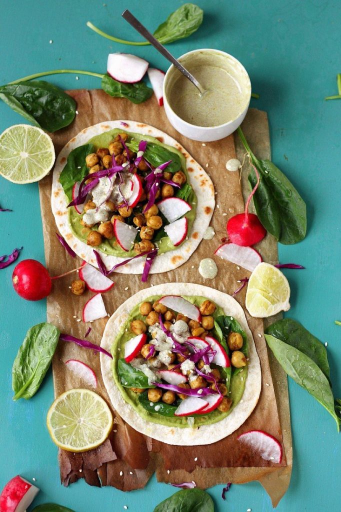 Two chickpea spinach tacos