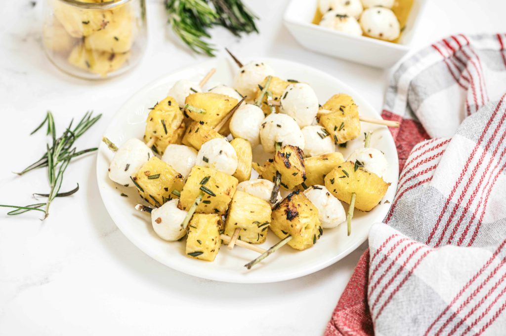 Grilled pineapple mozzarella rosemary skewers
