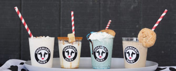 four decorative milkshakes