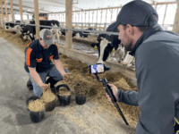 Man being filmed holding cow feed from pails