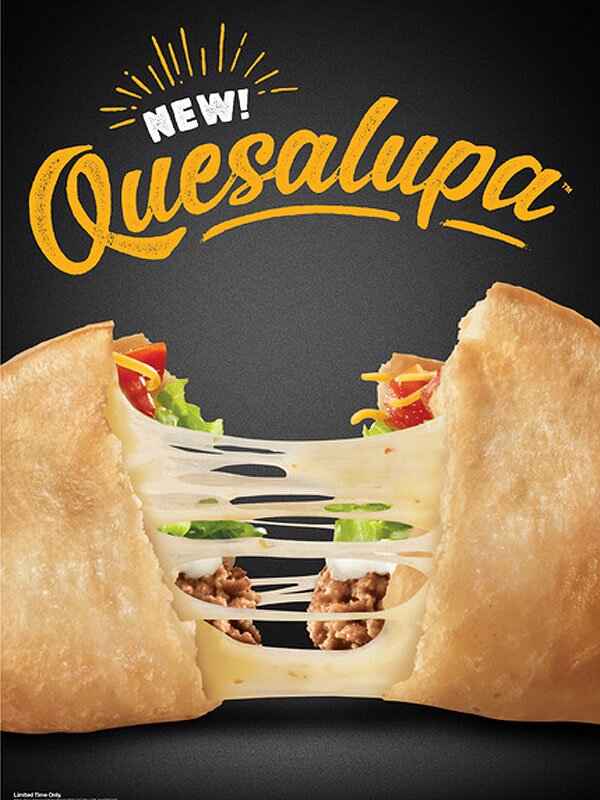 An illustration of a Quesalupa cut in half with melted cheese coming out, and the phrase "New! Quesalupa".