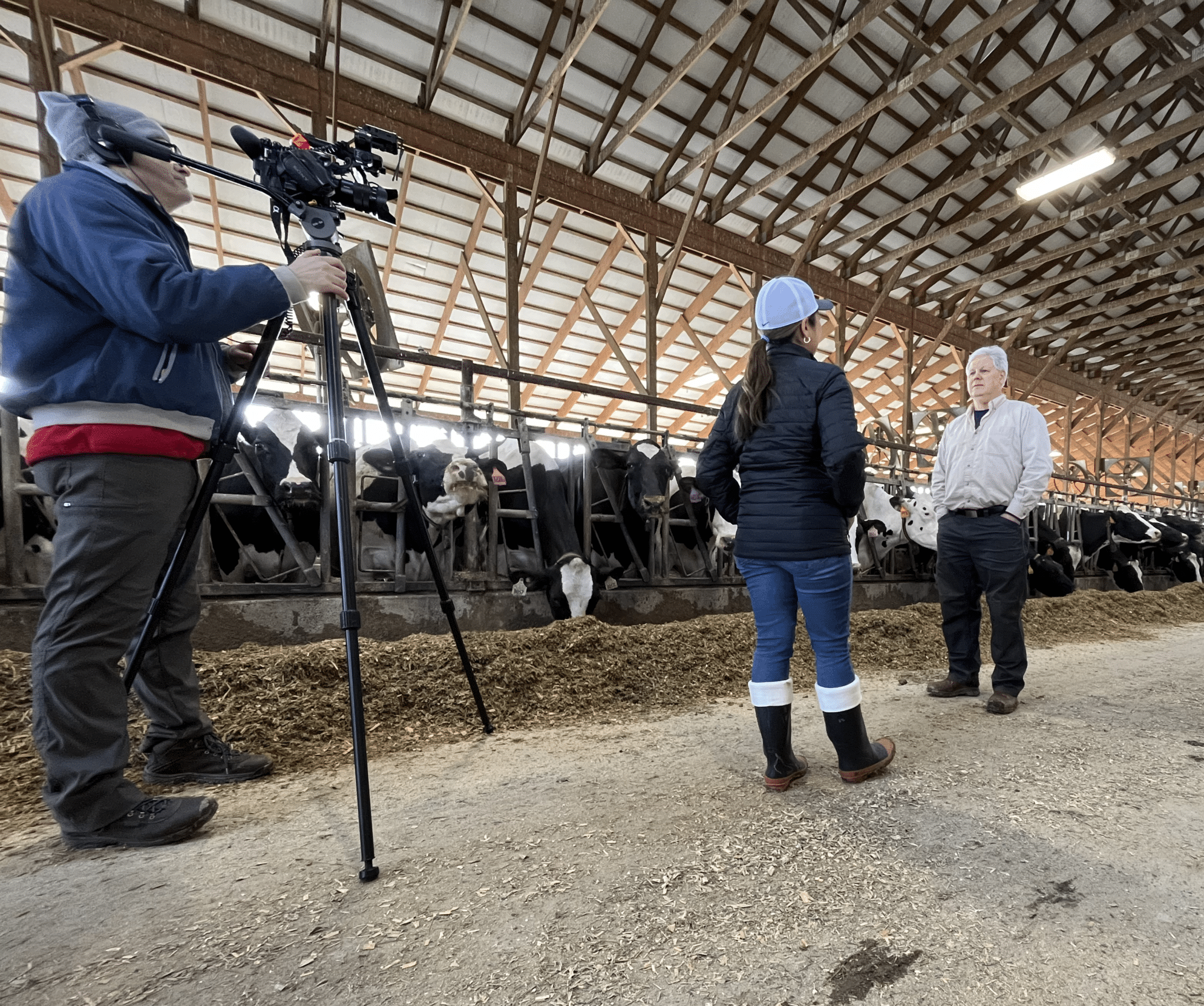 Man being interviewed in a barn