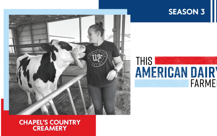 Dairy farmer Trisha Knight Boyce is petting a cow in the barn.