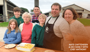 Farm owners accompanied by guest chef Anthony Contrino, enjoying butternut squash pasta.