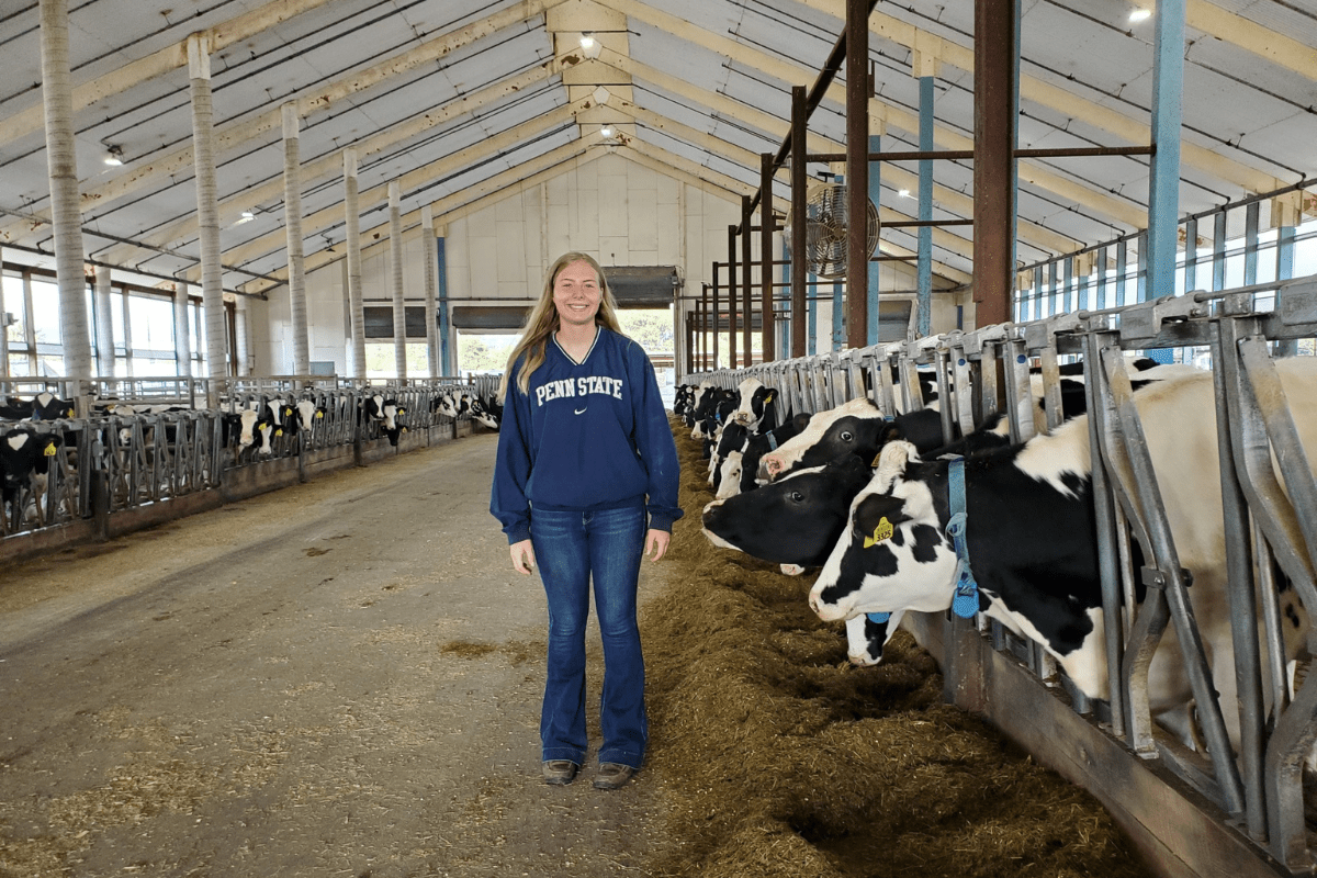 Katerina Coffman, a college student and dairy farmer, stands before a line of cows in a barn.