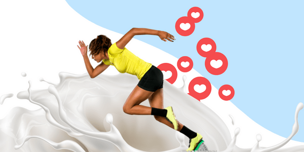 A young athlete is depicted running against a backdrop of milk splashes, accompanied by heart symbols.