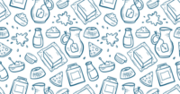 An illustration of cans of milk, pieces of cheese, bowls of cream cheese, jugs with milk, and butter in a butter dish.