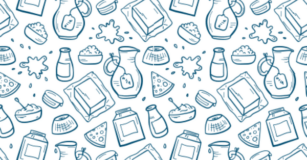 An illustration of cans of milk, pieces of cheese, bowls of cream cheese, jugs with milk, and butter in a butter dish.