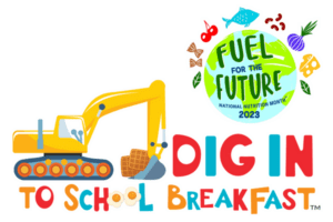 An illustration of a mechanical crane carrying waffles, the "Fuel for the future" logo, & the phrase "dig in to school breakfast".