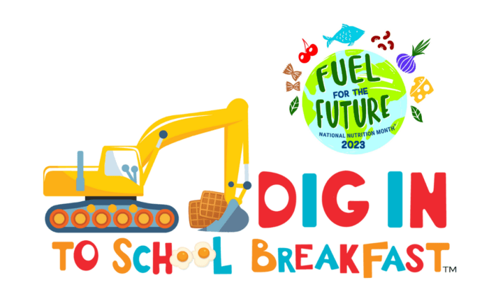 An illustration of a mechanical crane carrying waffles, the "Fuel for the future" logo, & the phrase "dig in to school breakfast".