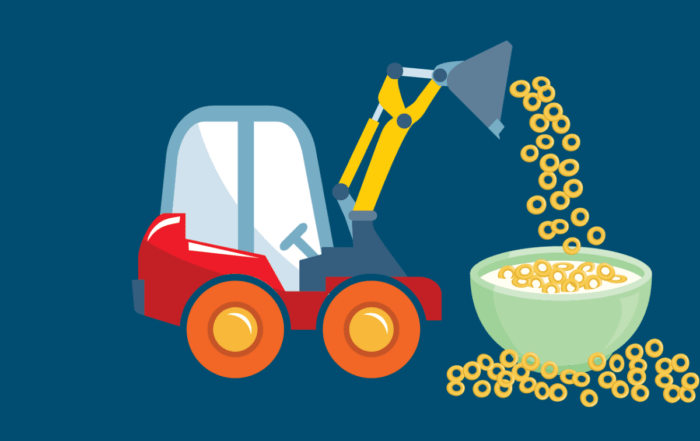 An illustration showing a truck dumping cereal in and around a bowl of milk on a blue background.