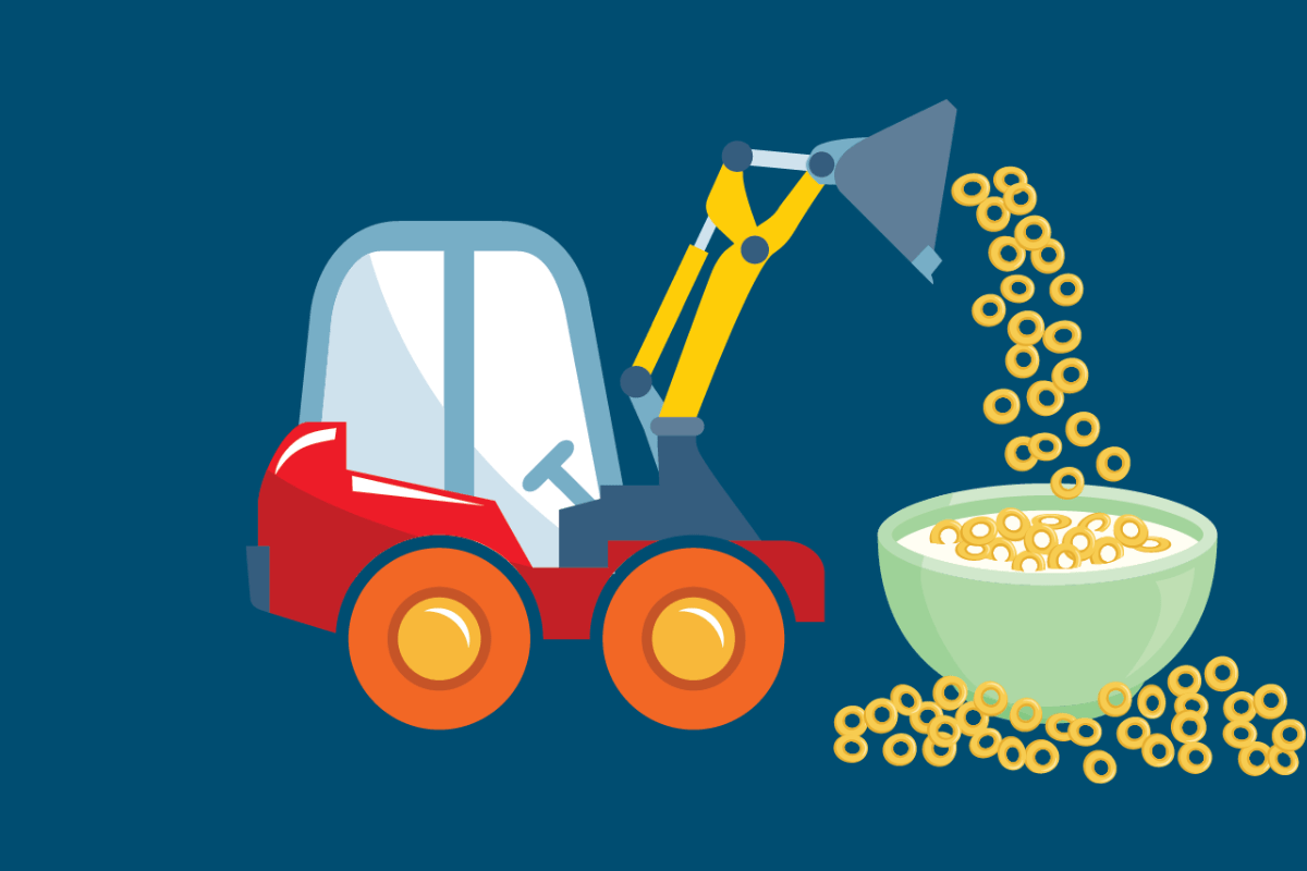 An illustration showing a truck dumping cereal in and around a bowl of milk on a blue background.