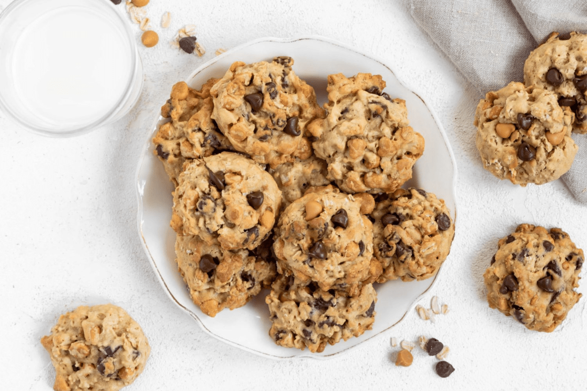 Chocolate chip oat cookies baked and served on a plate.