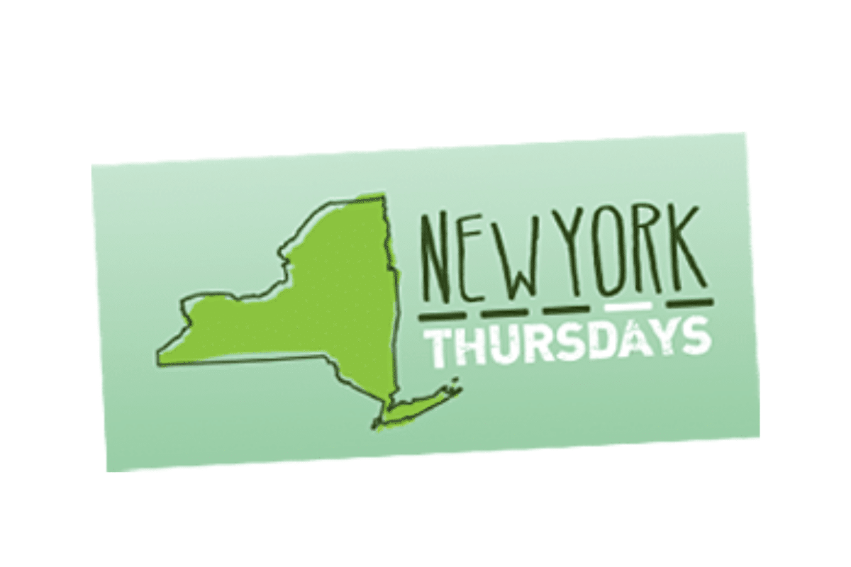 A sign featuring the state of New York that reads "New York Thursdays."